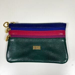 BOTTEGA FIORENTINA Multicolor Leather Triple‎ Zip Wallet Textured Lizard Print